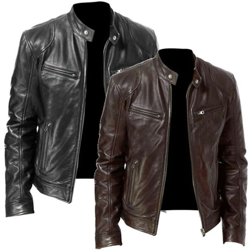 Autumn New Men&s Casual Fashion Stand Collar Slim PU Leather Jacket Solid Color Leather Jacket Men Anti-wind Motorcycle